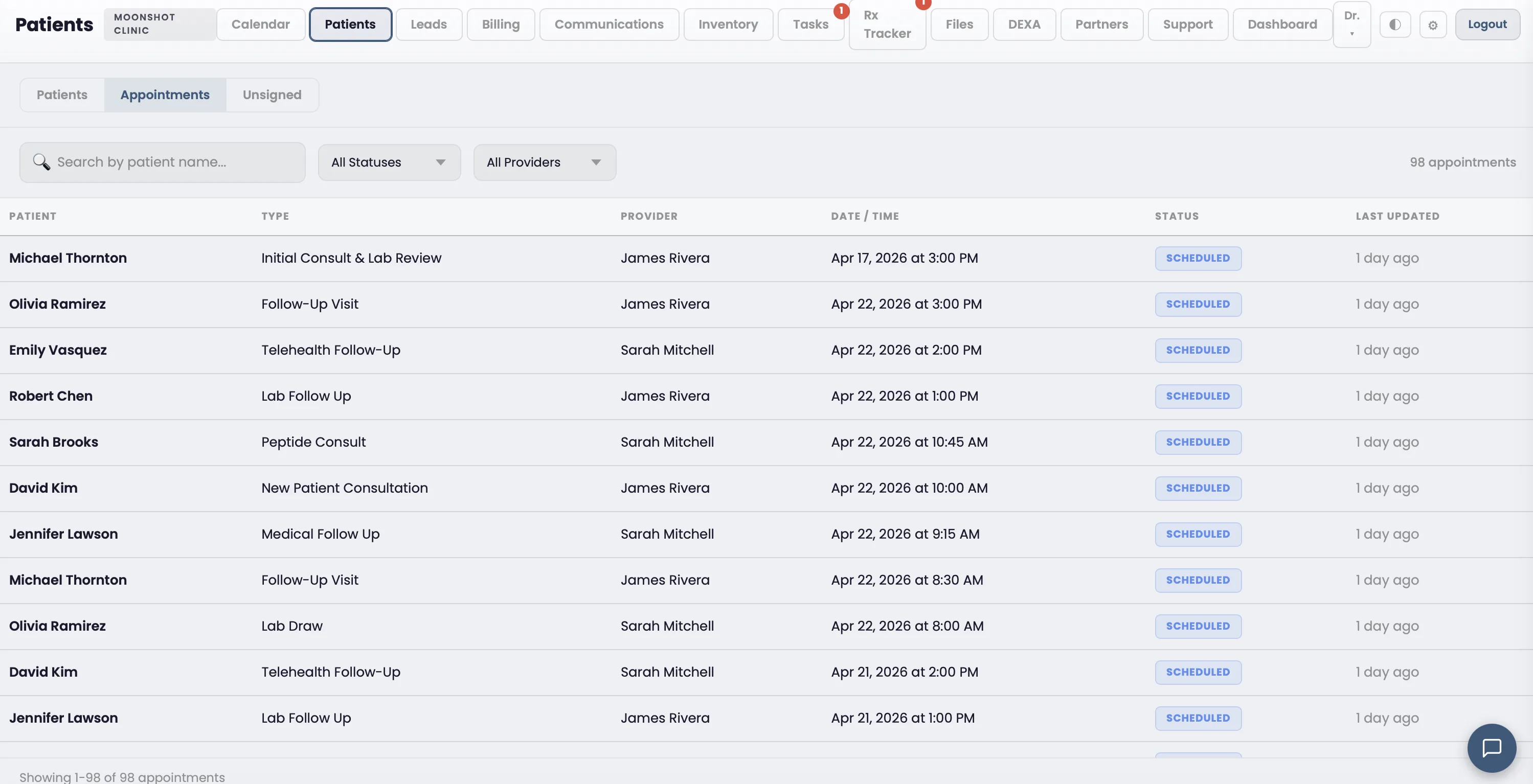 Appointments list view with appointment statuses