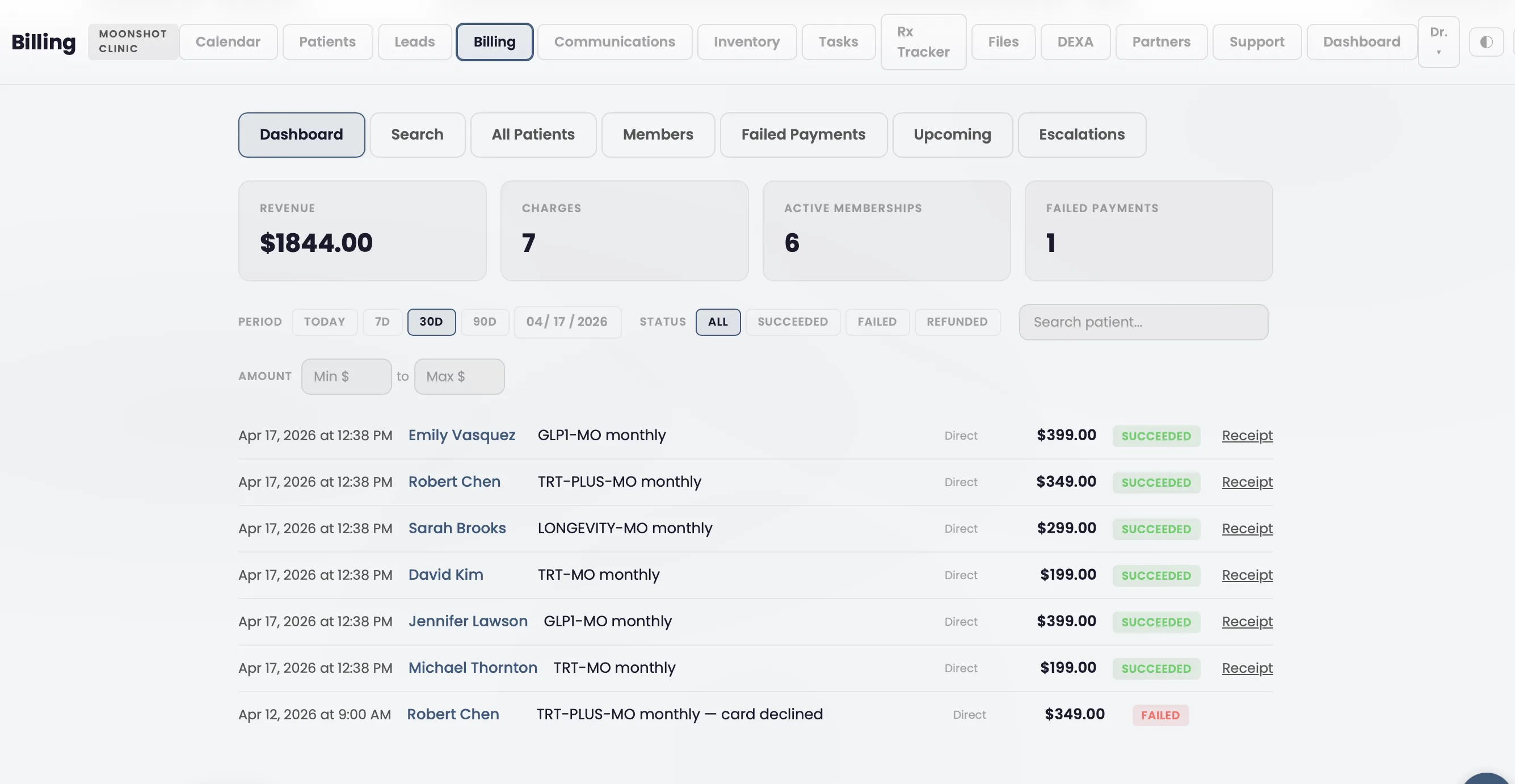 Billing dashboard showing active memberships, revenue, and payment history