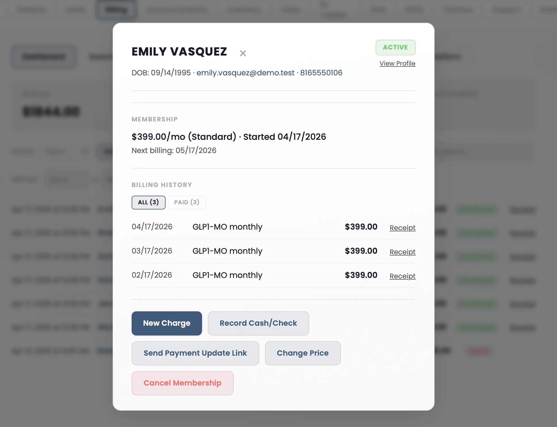 Patient billing detail with GLP-1 membership and payment history