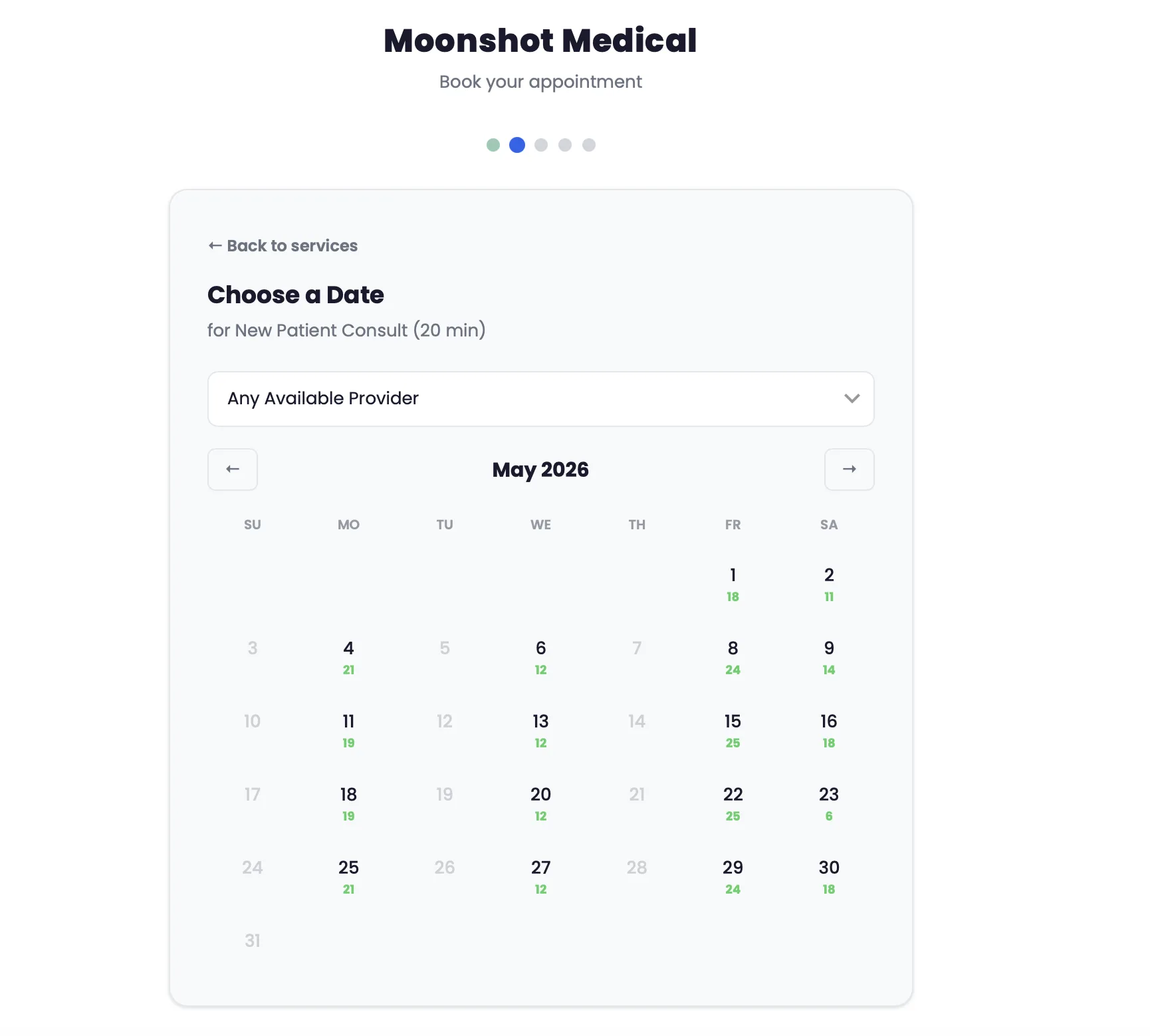 Self-service booking date picker in the patient portal