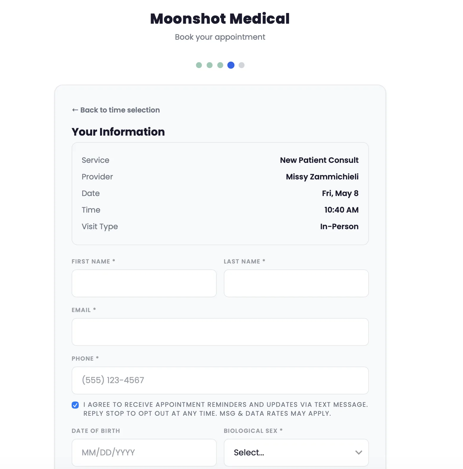 Digital intake form with patient information fields