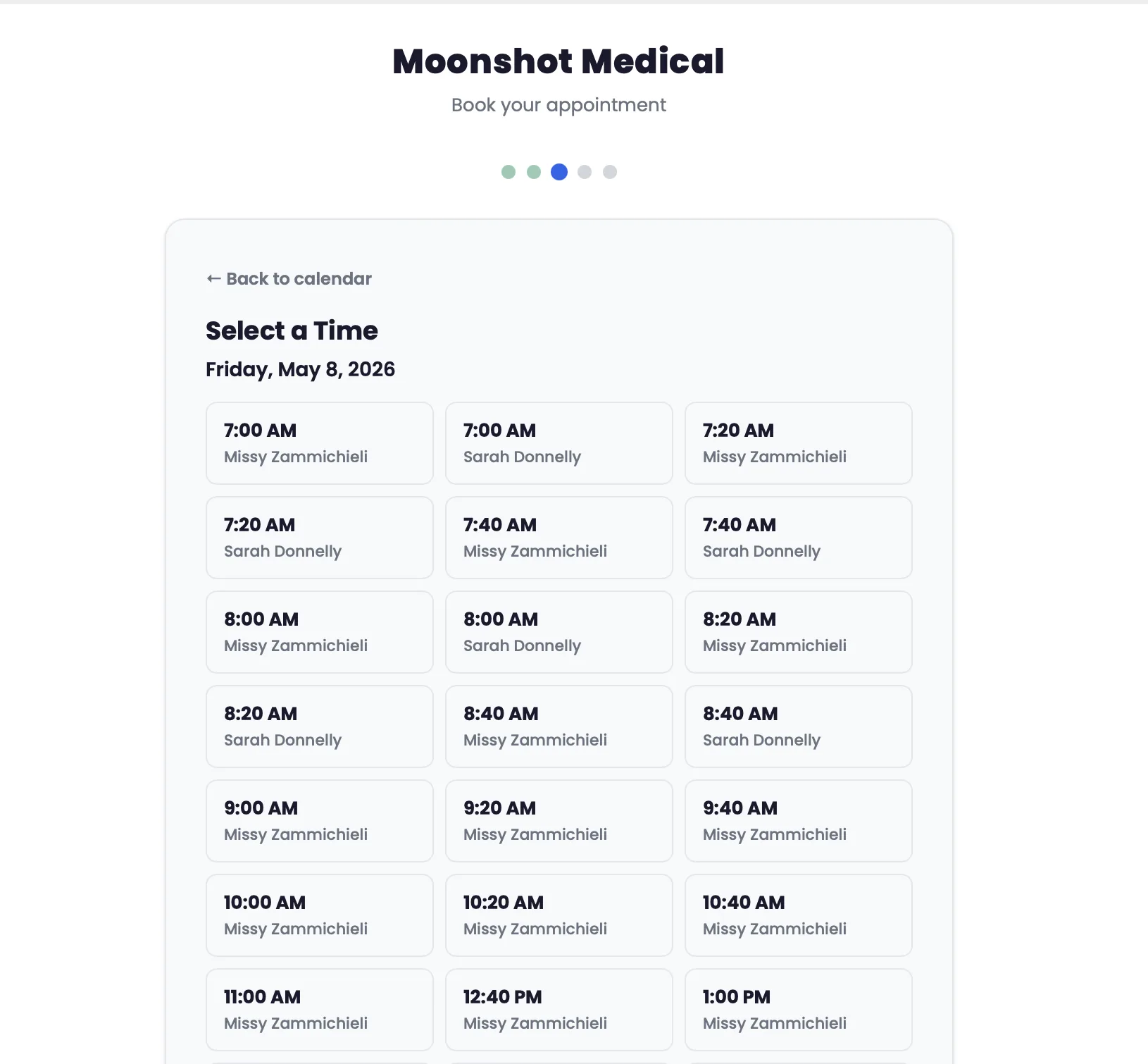 Booking flow time slot selection