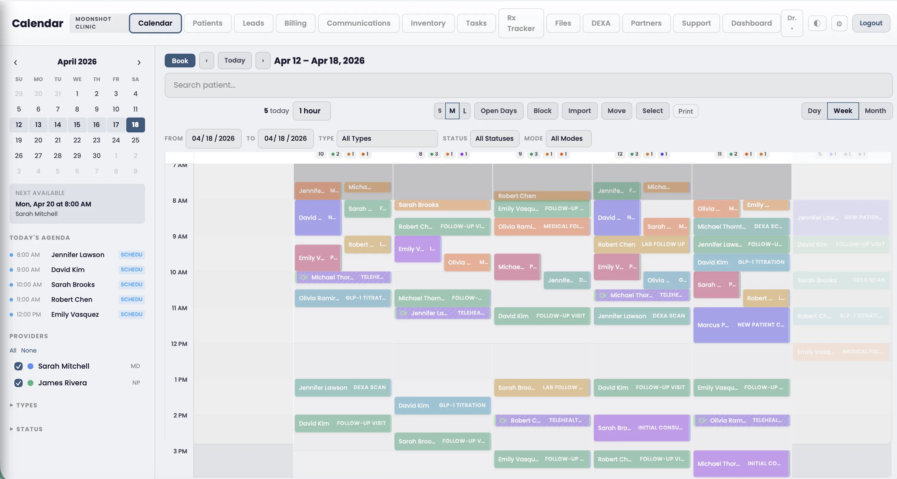 Moonshot Clinic EHR weekly calendar showing a full schedule of color-coded appointments across two providers