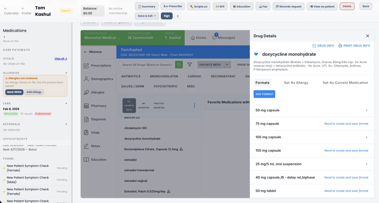 E-prescribing drug-details panel inside the patient chart showing medication formats and dosing for a selected drug