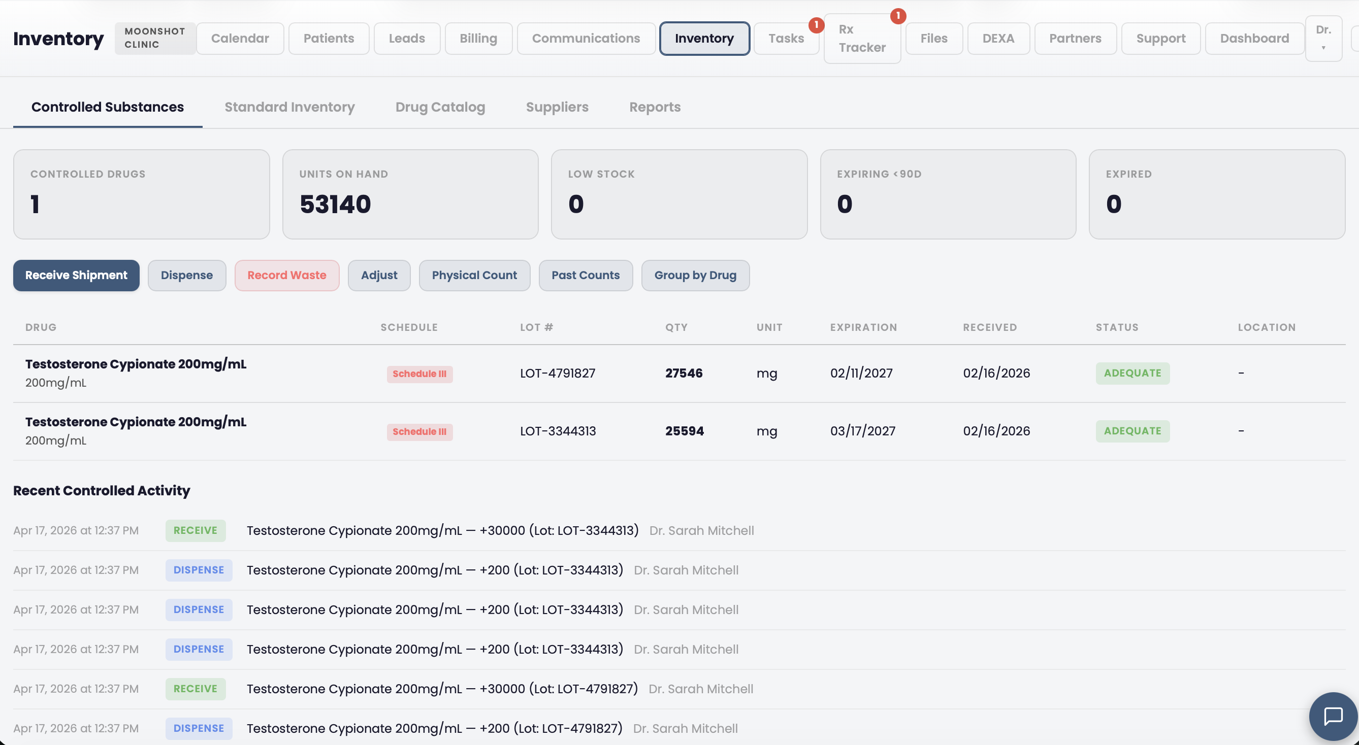 Inventory management showing controlled substance lots, quantities, and transaction history