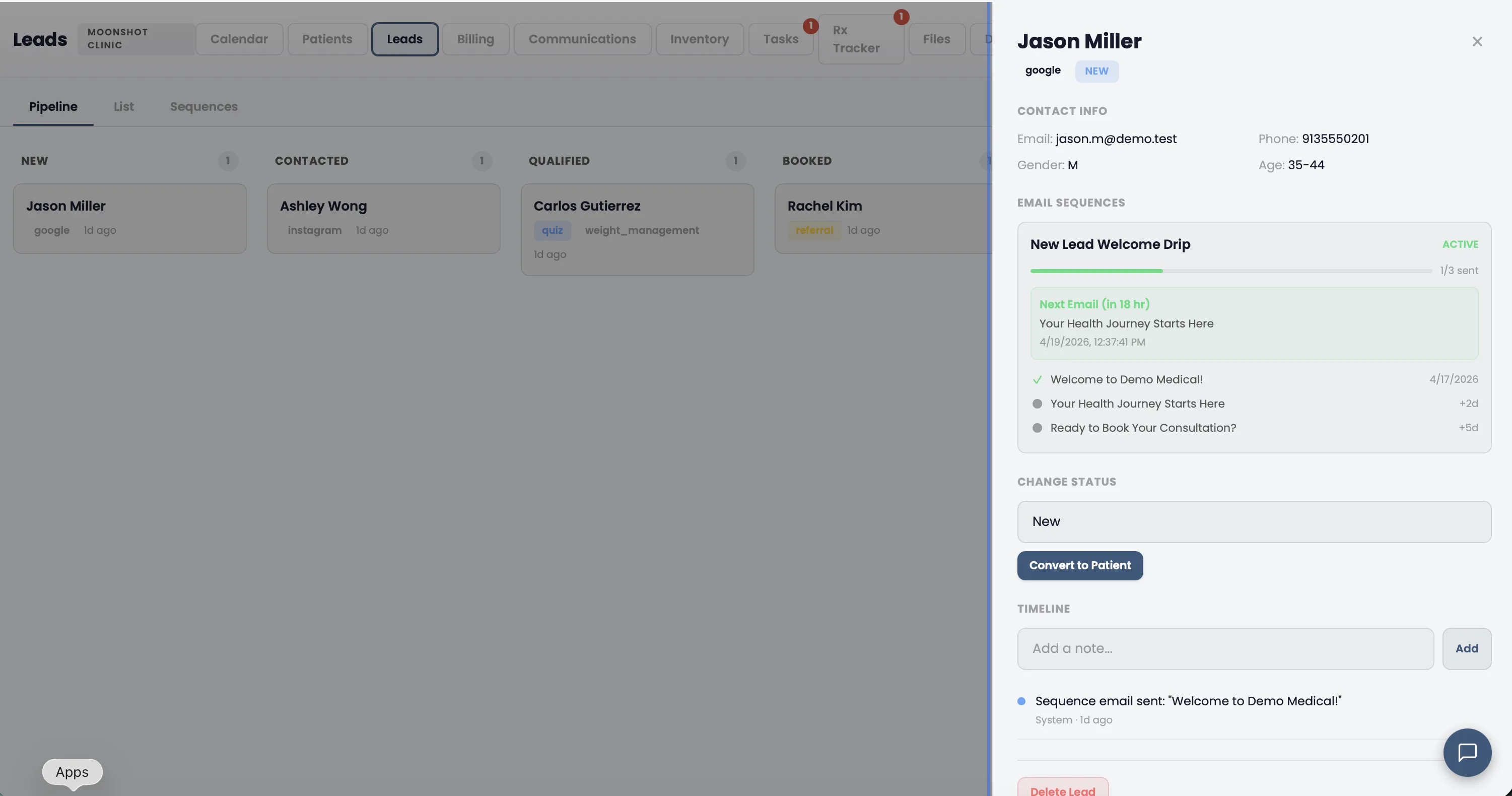 Moonshot Clinic CRM showing lead pipeline, referral sources, and conversion tracking