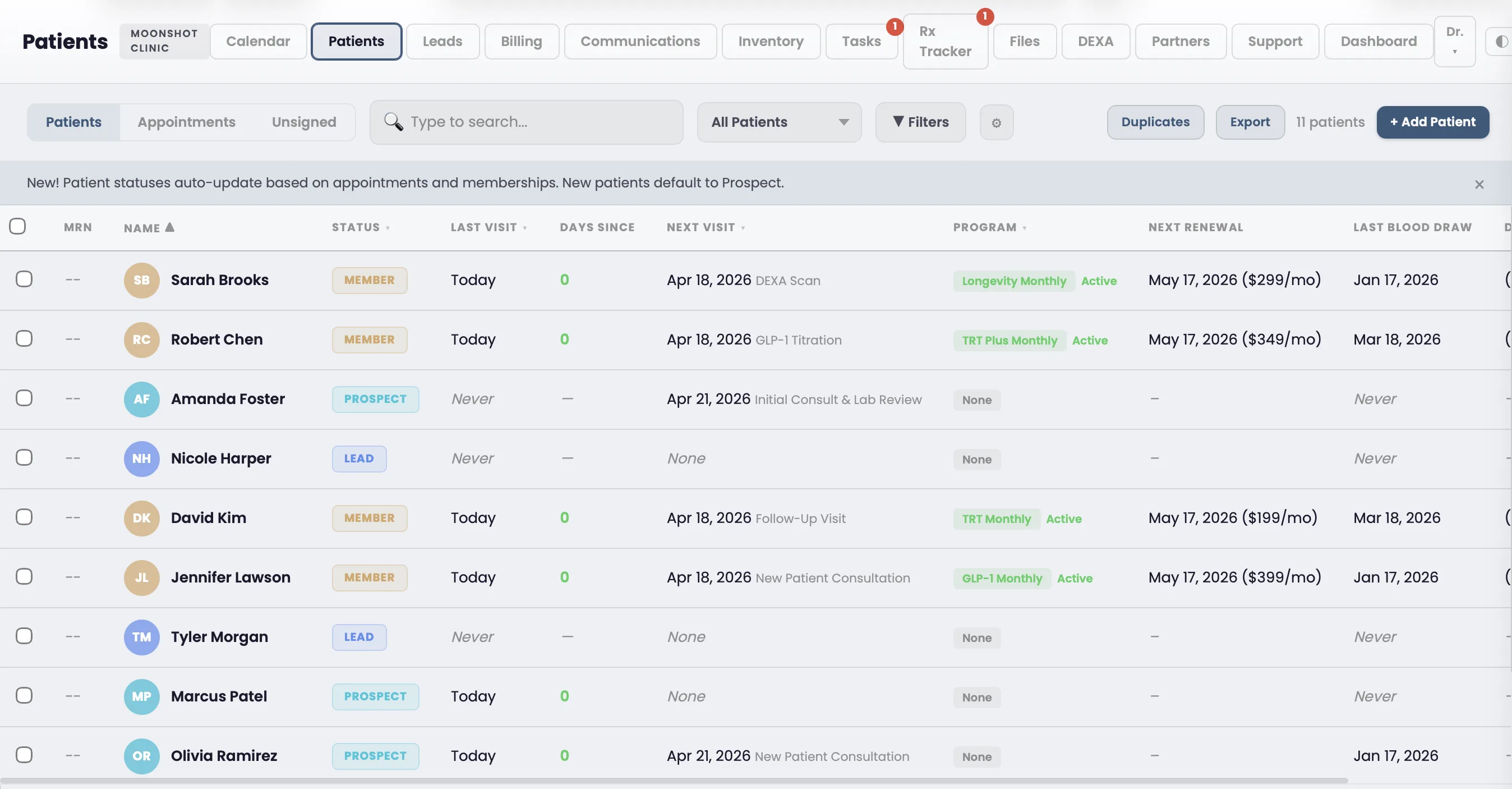 Moonshot Clinic messaging dashboard showing SMS conversations, email campaigns, and automated sequences